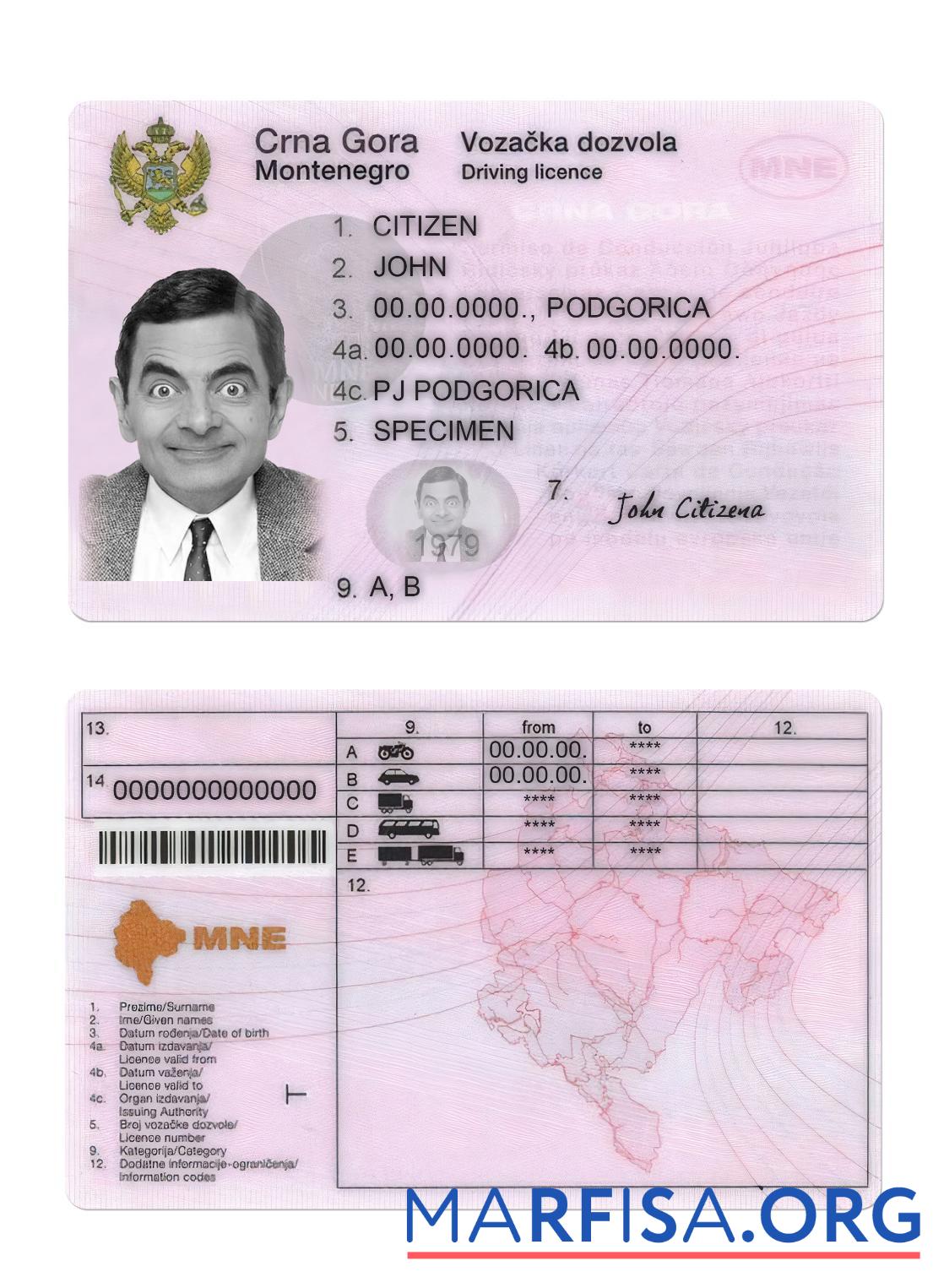 Blank Montenegro driving license real example